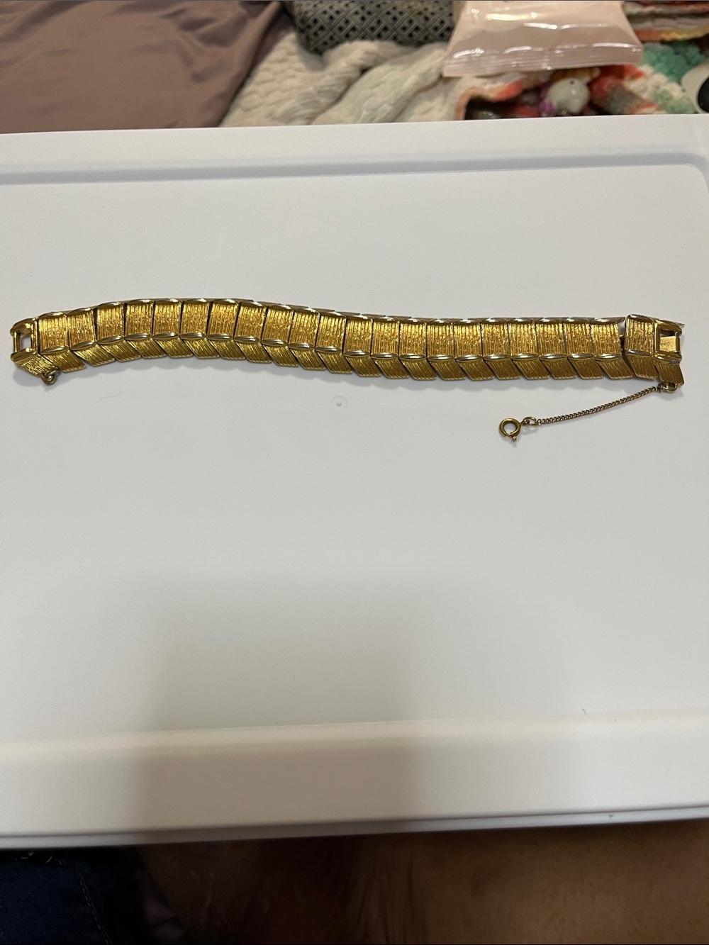 Monet Gold-Tone Textured Herringbone Bracelet with Safety Chain